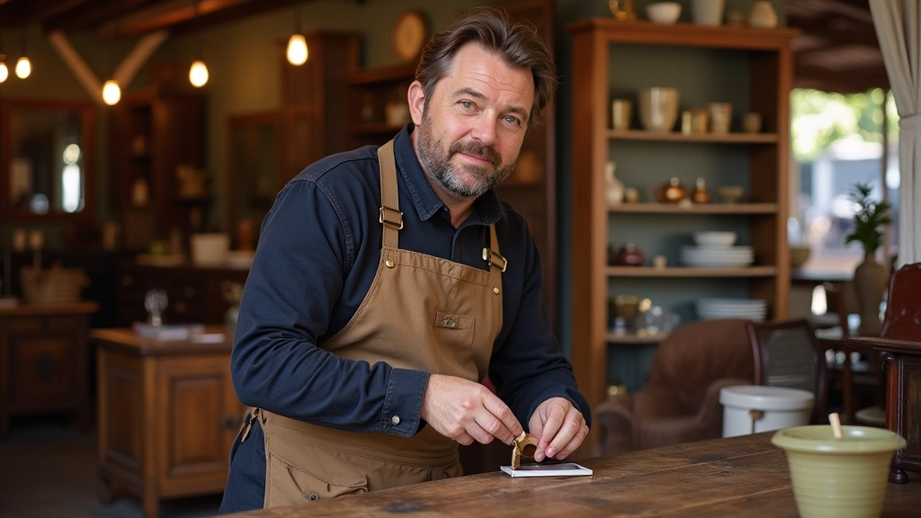 Brocanteur professionnel arrangeant des objets d'époque, porcelaine et mobilier restauré dans une brocante établie