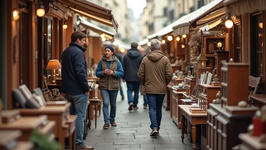 Brocanteurs exposant des objets vintage et mobilier d'occasion sur un marché aux puces français