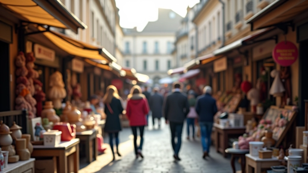 Vue d'ensemble d'un marché aux puces avec allées entre les étalages, vendeurs et acheteurs circulant parmi les objets variés