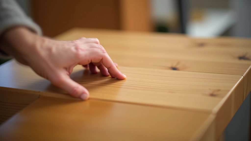 Gros plan montrant comment inspecter les rayures et dégâts sur une surface de meuble