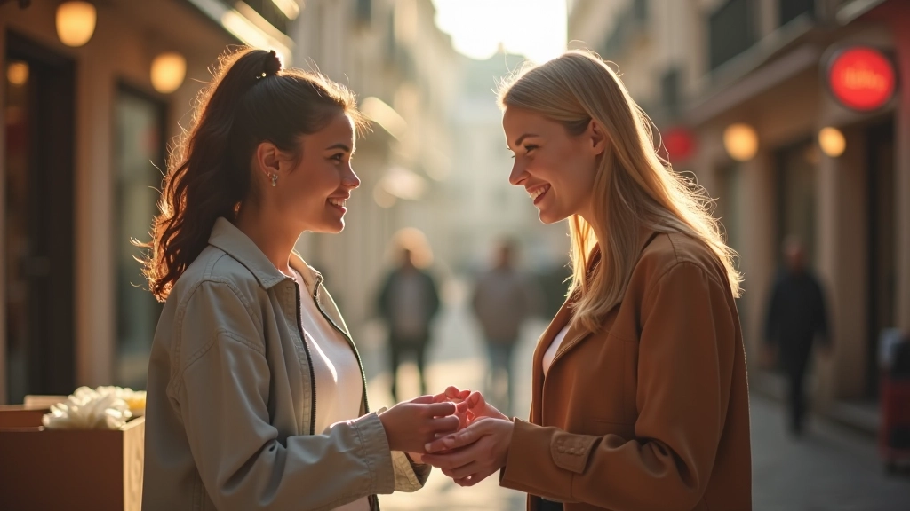 Deux personnes discutant de manière amicale autour d'un objet d'occasion dans un environnement lumineux