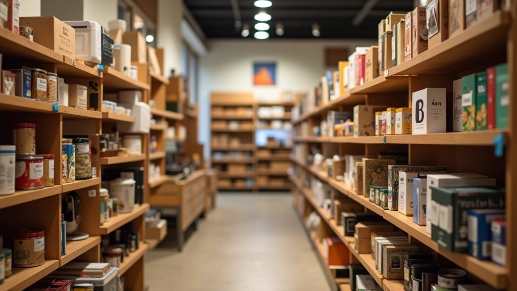 Magasin Emmaüs avec étiquettes de prix et articles divers exposés sur les rayons