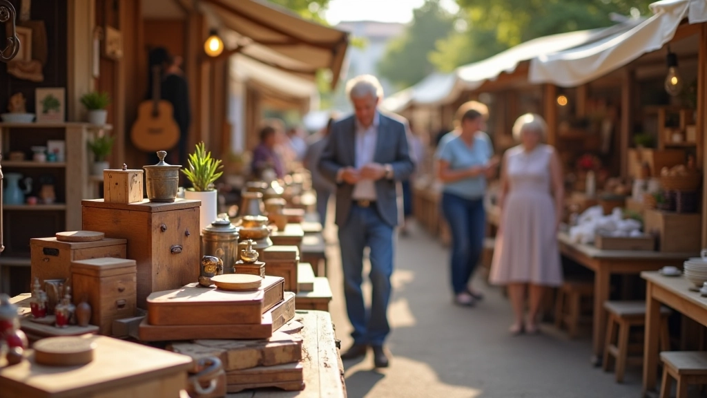 Gros plan sur un brocante avec plusieurs objets exposés sur une table, acheteurs discutant