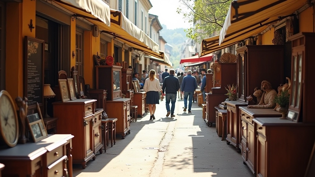 Marché aux puces français avec meubles et objets d'occasion variés, ambiance authentique, éclairage naturel, vue d'ensemble