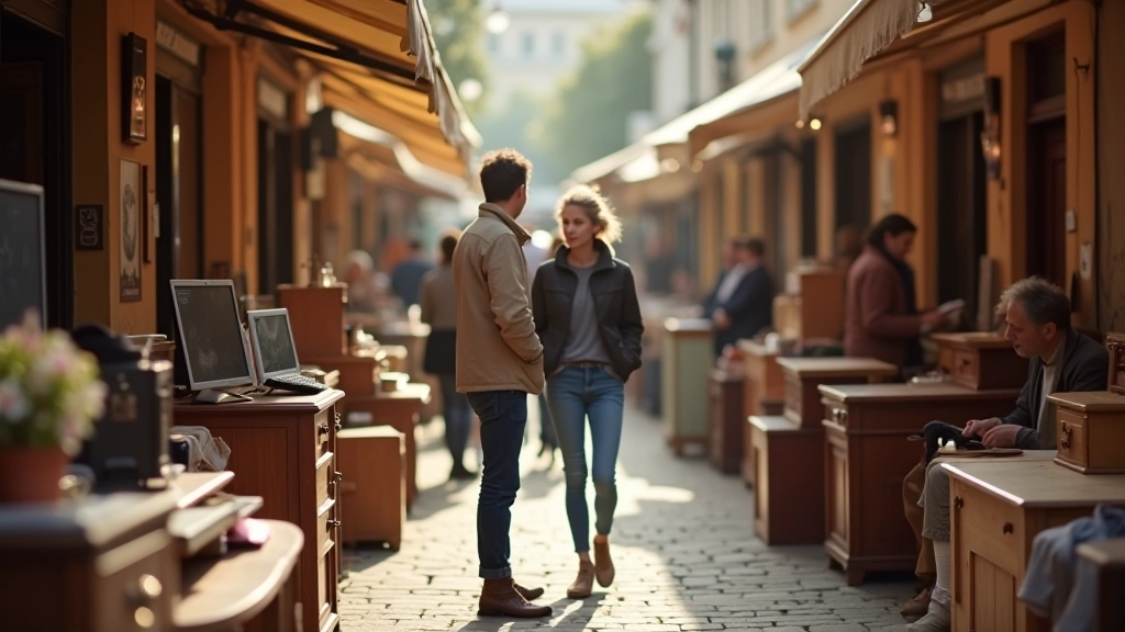 Marché aux puces avec mobilier d'occasion, électronique et vêtements exposés