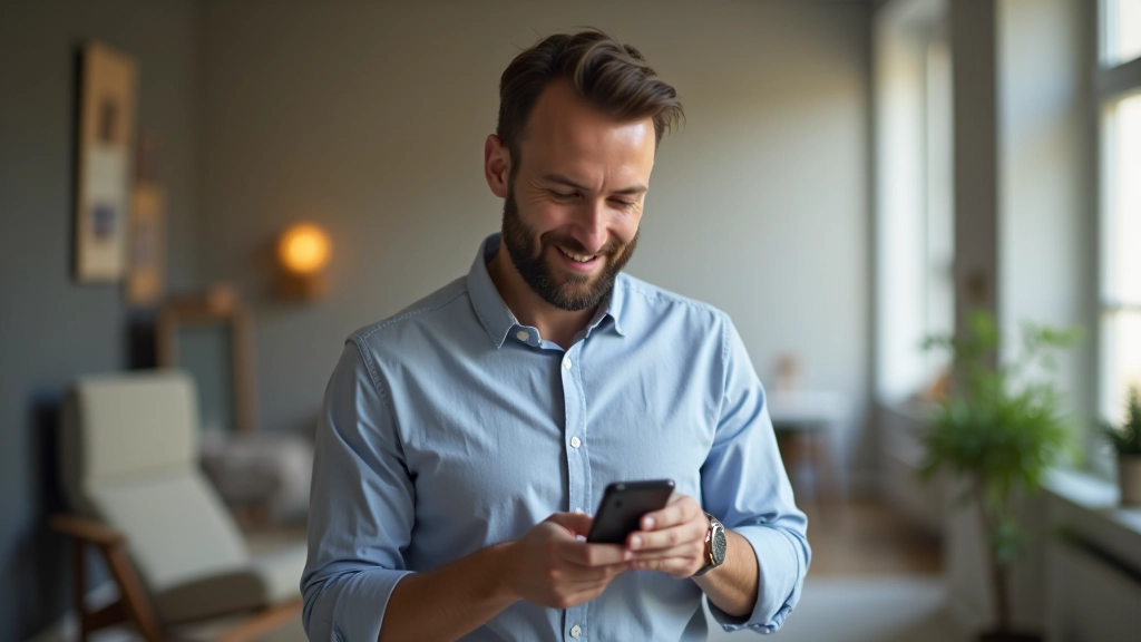 Homme tenant un téléphone portable montrant une annonce Le Bon Coin, environnement intérieur moderne