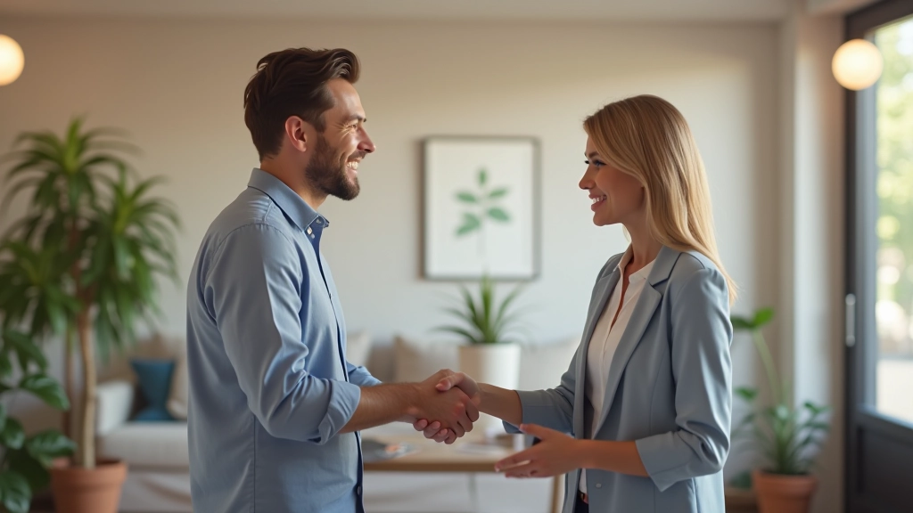 Deux personnes se serrant la main après un accord commercial, souriant dans une salle lumineuse