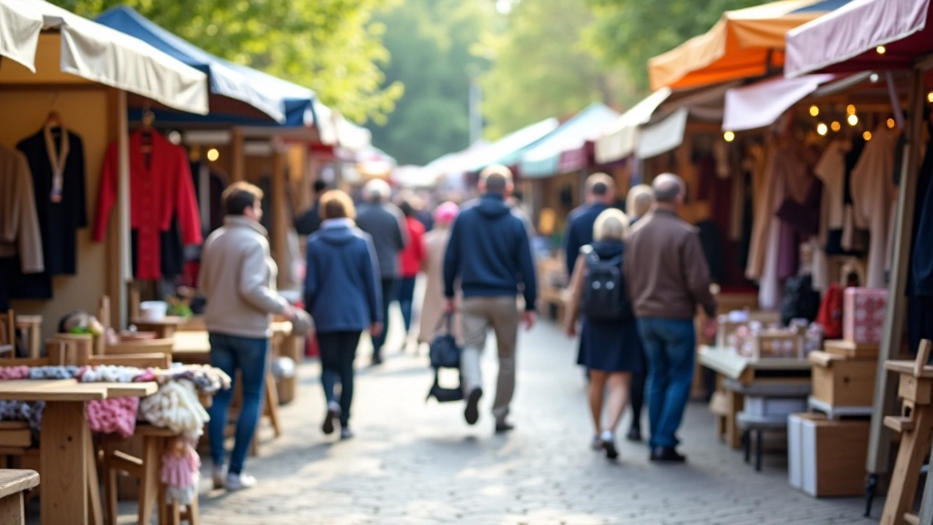 Marché aux puces en plein air avec des stands colorés et des visiteurs regardant les objets