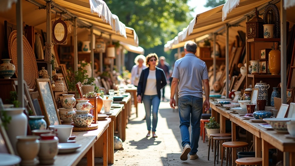 Étalages colorés de vide-grenier avec meubles vintage, vaisselle ancienne et objets de décoration exposés sur des tables