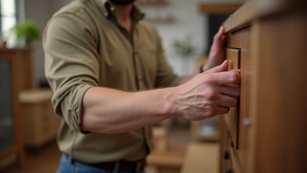 Personne inspectant attentivement un meuble d'occasion pour vérifier son état