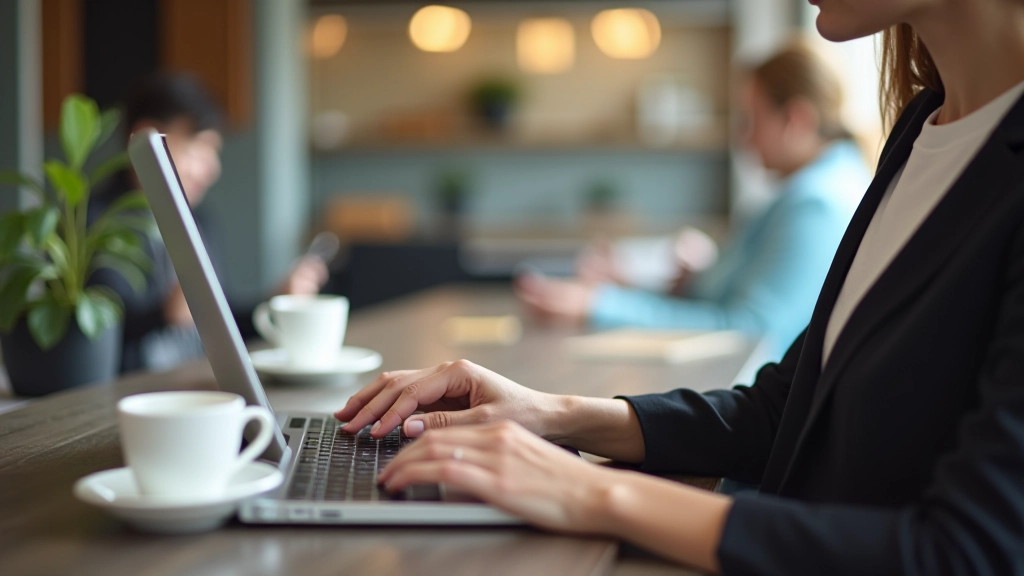 Personne naviguant sur le site Le Bon Coin sur un ordinateur portable dans un environnement de bureau moderne avec café