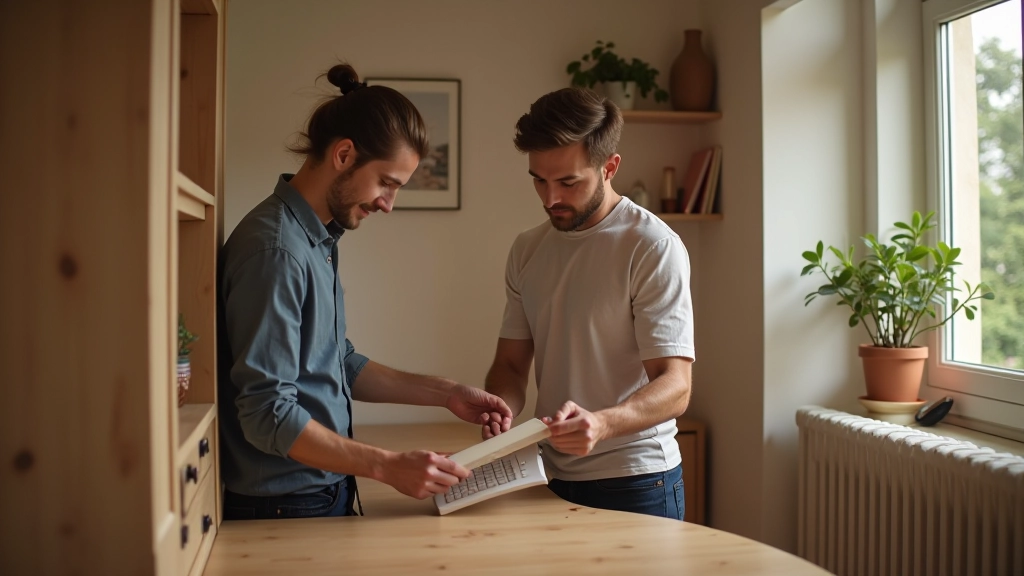 Deux personnes inspectant un meuble d'occasion en bois dans un salon résidentiel, vérifiant les détails et l'état général
