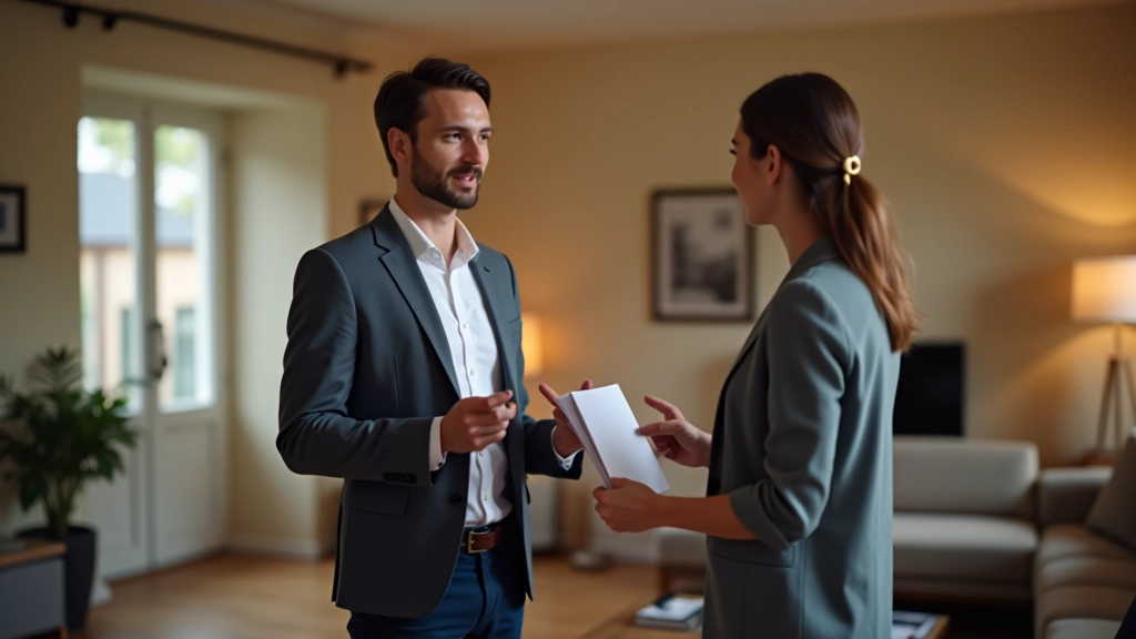 Deux personnes adultes négociant le prix d'un article d'occasion dans un salon, souriant et discutant amicalement