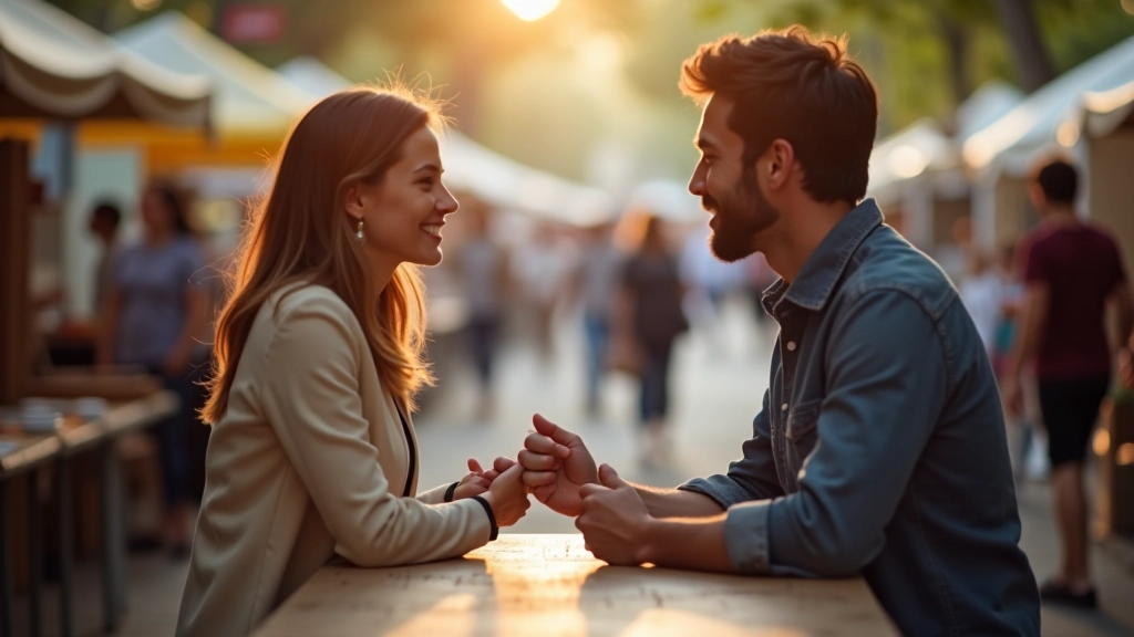 Deux personnes discutant cordialement près d'une table lors d'un vide-grenier en province