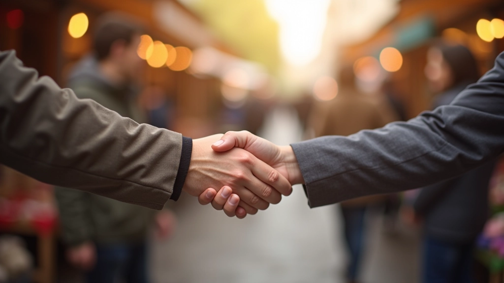 Négociation amicale entre acheteur et vendeur au marché aux puces, sourires, accord conclu