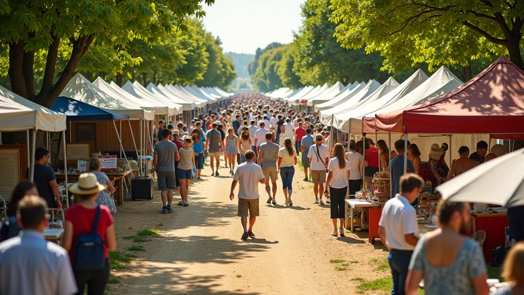 Vue aérienne d'une brocante en plein air avec de nombreux étals et visiteurs