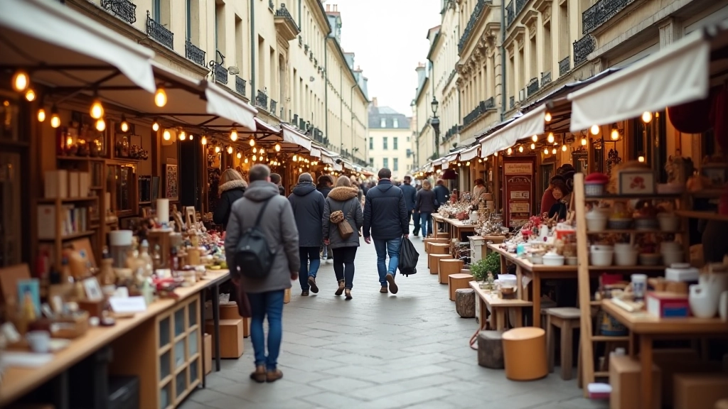 Vue générale d'un vide-grenier avec de nombreux étals remplis d'objets d'occasion et des acheteurs qui flânent