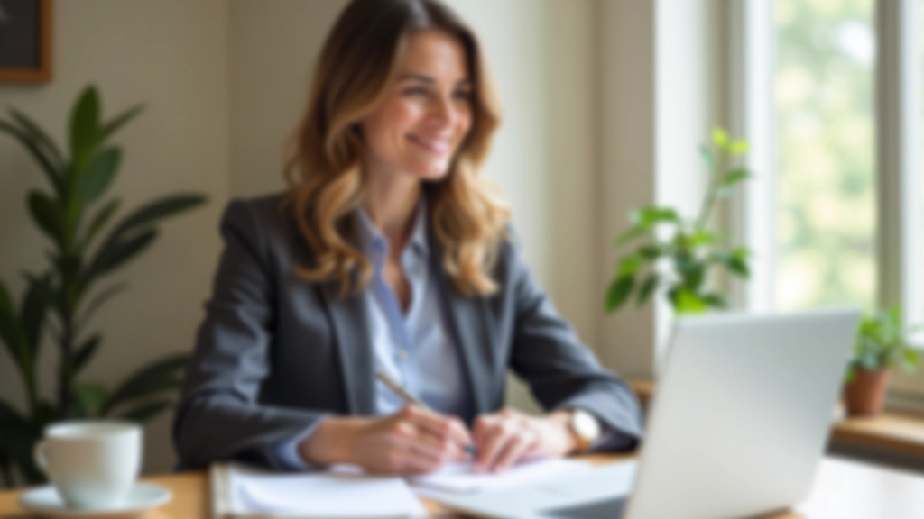 Femme assise à un bureau avec un ordinateur portable et des notes, faisant des recherches sur les prix