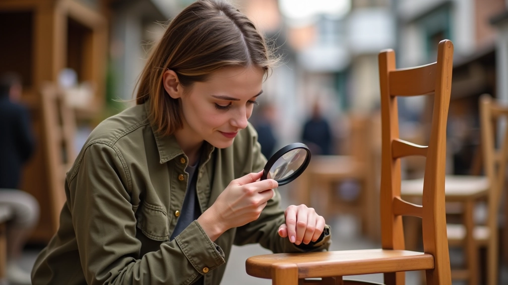 Jeune femme inspectant attentivement une chaise en bois lors d'une brocante parisienne